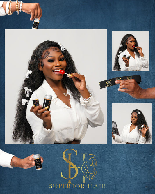 Woman using hair product with 'Superior Hair' branding on a blue background